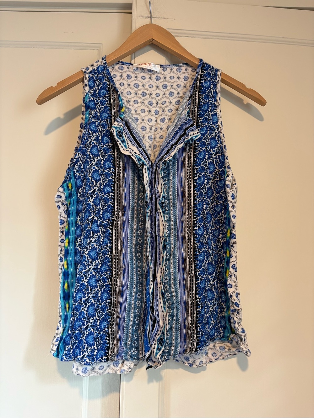 Renee C Blue and White Printed Sleeveless Blouse